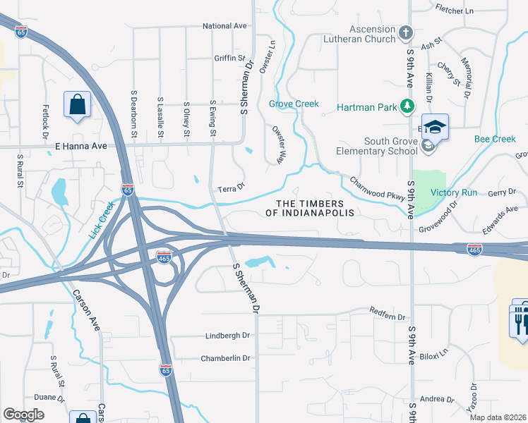 map of restaurants, bars, coffee shops, grocery stores, and more near 3838 Dundee Drive in Indianapolis