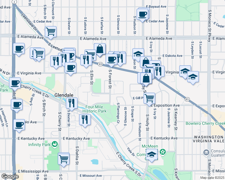 map of restaurants, bars, coffee shops, grocery stores, and more near 540 South Forest Street in Denver