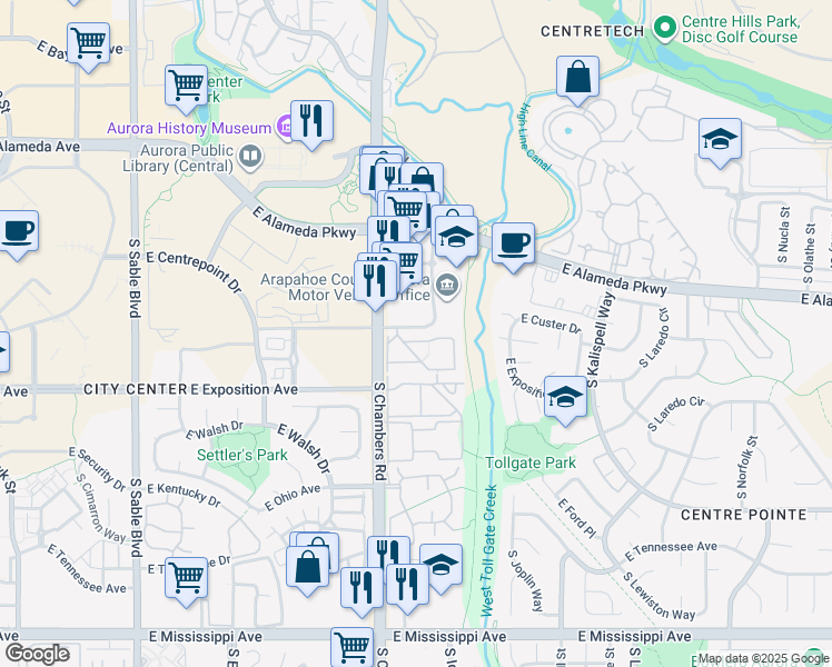 map of restaurants, bars, coffee shops, grocery stores, and more near 15490 East Center Avenue in Aurora