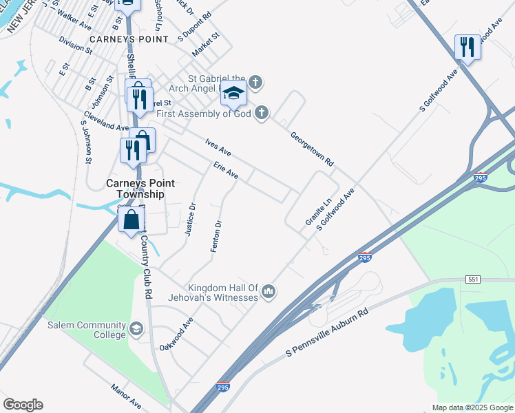 map of restaurants, bars, coffee shops, grocery stores, and more near 432 Erie Avenue in Carneys Point Township