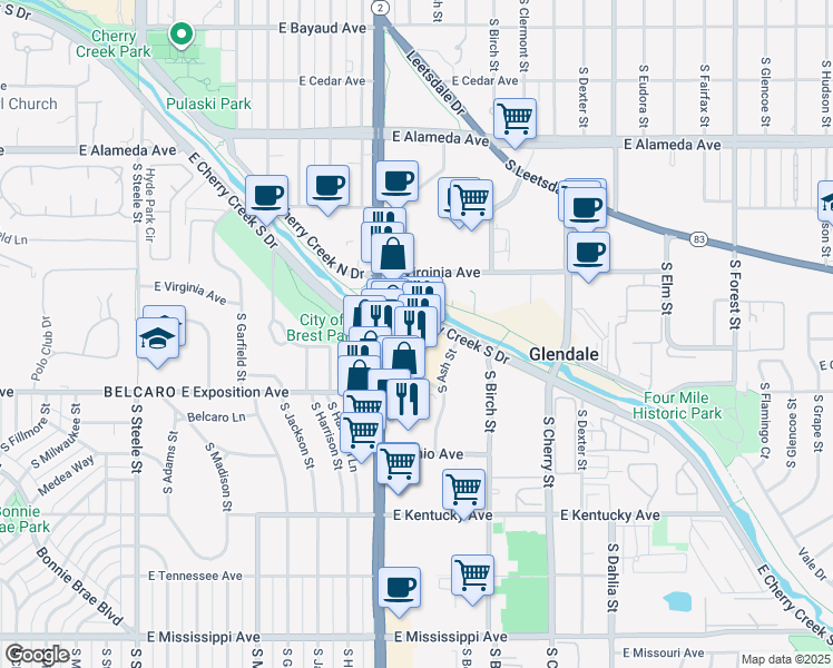 map of restaurants, bars, coffee shops, grocery stores, and more near 640 South Colorado Boulevard in Denver