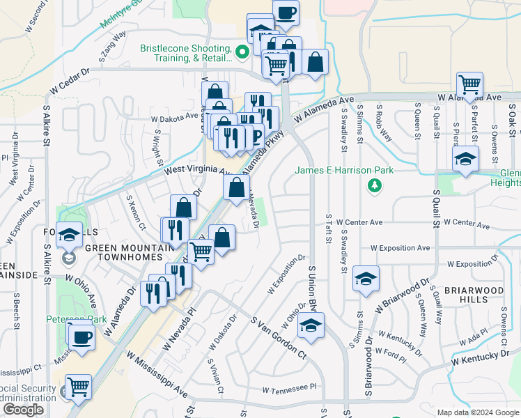 map of restaurants, bars, coffee shops, grocery stores, and more near 12100 W Alameda Pkwy in Lakewood