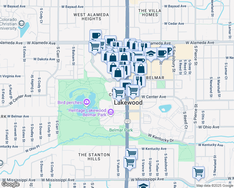 map of restaurants, bars, coffee shops, grocery stores, and more near 626 South Yarrow Street in Lakewood
