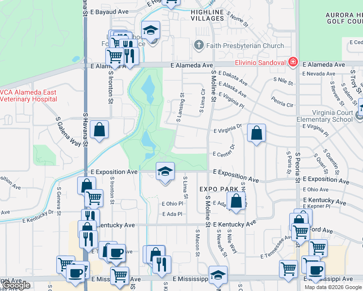 map of restaurants, bars, coffee shops, grocery stores, and more near 11230 East Center Avenue in Aurora