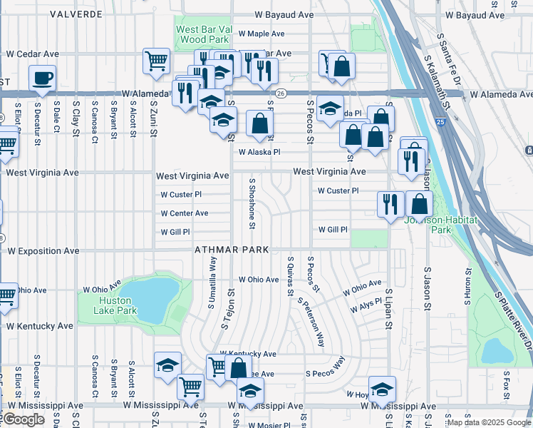 map of restaurants, bars, coffee shops, grocery stores, and more near 623 South Raritan Street in Denver