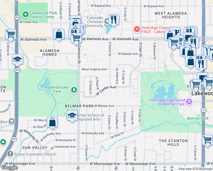 map of restaurants, bars, coffee shops, grocery stores, and more near 8854 West Center Avenue in Lakewood