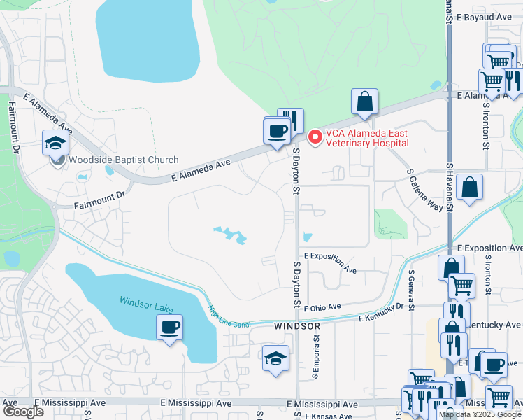 map of restaurants, bars, coffee shops, grocery stores, and more near 597 South Clinton Street in Denver