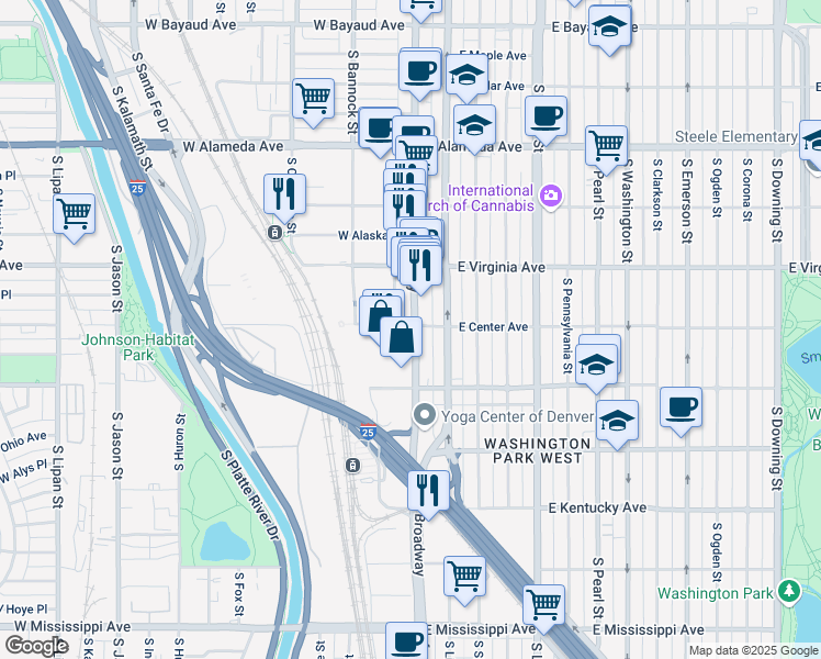 map of restaurants, bars, coffee shops, grocery stores, and more near 595 South Broadway in Denver