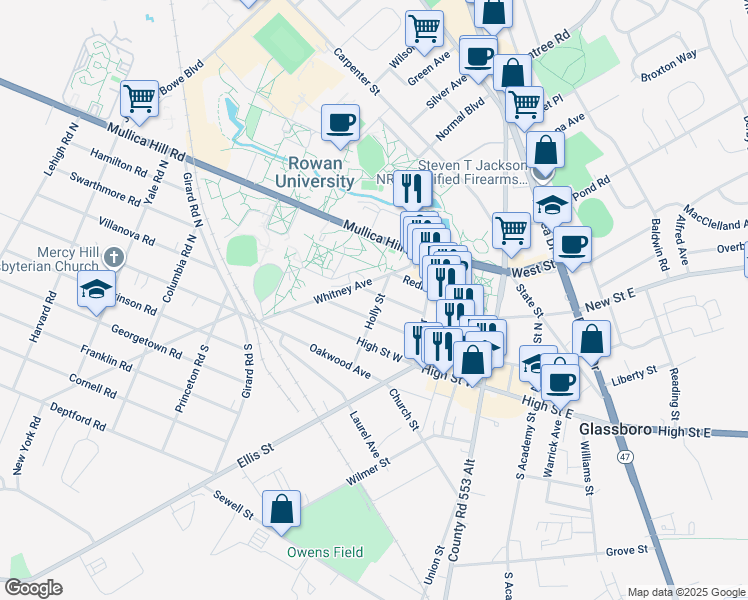 map of restaurants, bars, coffee shops, grocery stores, and more near 102 Holly Street in Glassboro