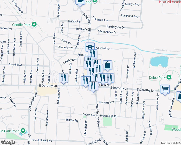 map of restaurants, bars, coffee shops, grocery stores, and more near Jaybee Ct in Kettering