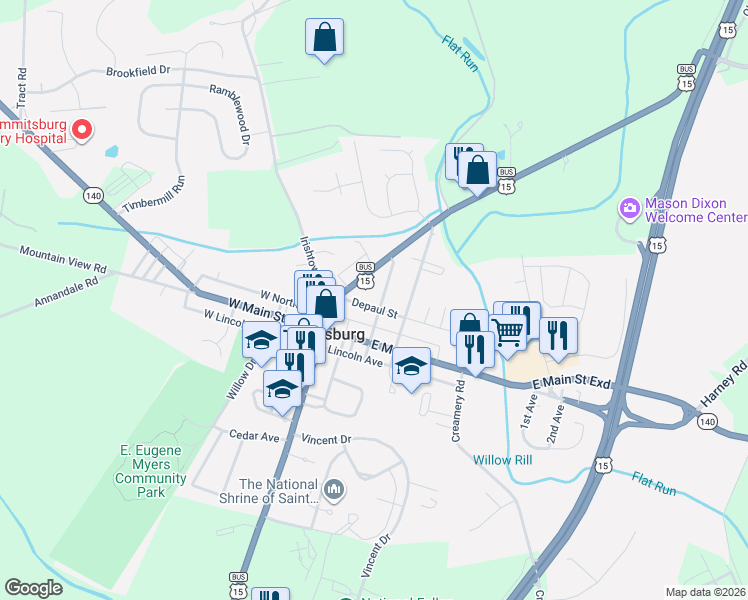 map of restaurants, bars, coffee shops, grocery stores, and more near 51 Depaul Street in Emmitsburg