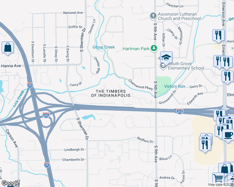map of restaurants, bars, coffee shops, grocery stores, and more near 4020 Dundee Drive in Indianapolis