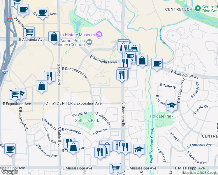 map of restaurants, bars, coffee shops, grocery stores, and more near 2214 East Center Avenue in Aurora