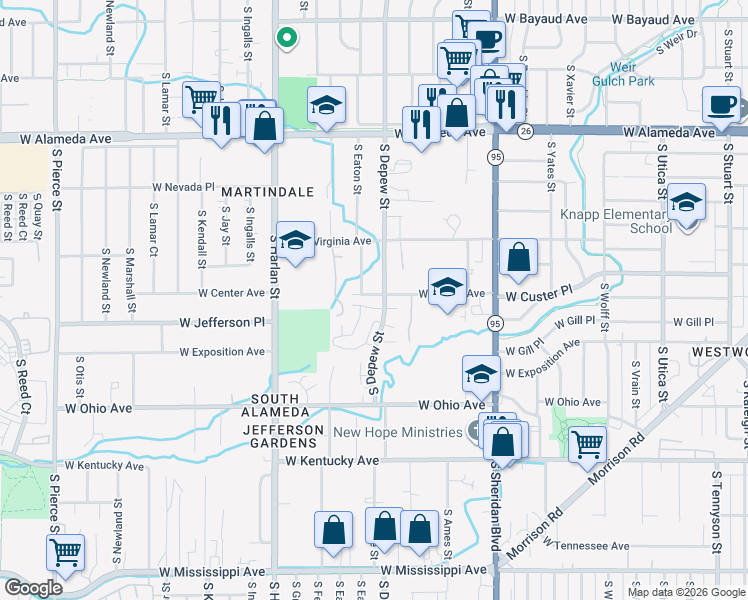 map of restaurants, bars, coffee shops, grocery stores, and more near 5632 West Center Avenue in Lakewood