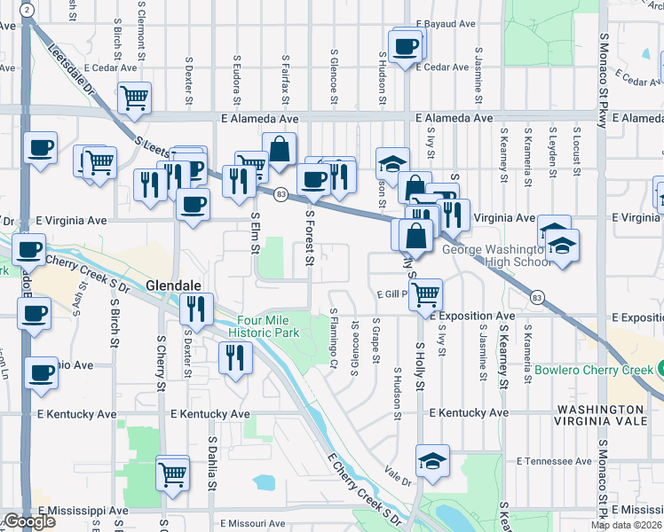 map of restaurants, bars, coffee shops, grocery stores, and more near 540 South Forest Street in Denver