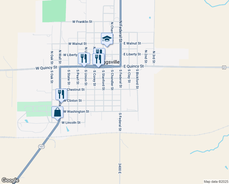 map of restaurants, bars, coffee shops, grocery stores, and more near 349-399 South Federal Street in Griggsville
