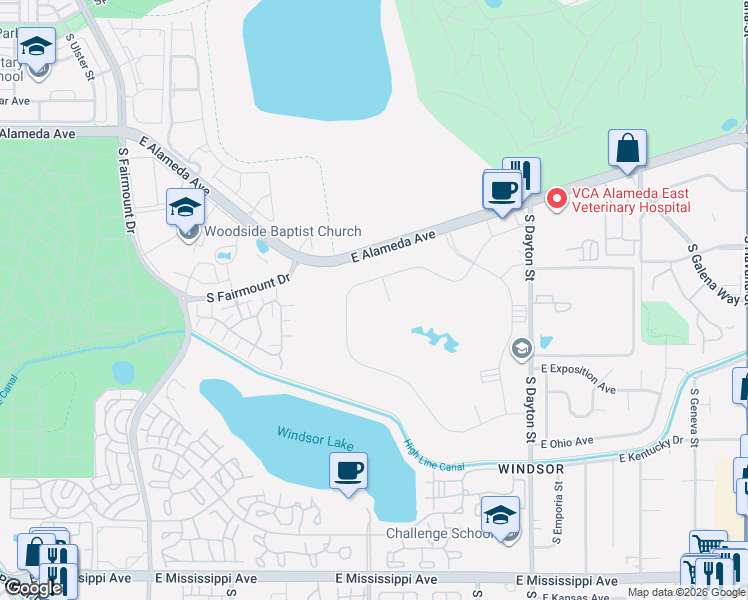 map of restaurants, bars, coffee shops, grocery stores, and more near 9320 East Center Avenue in Denver