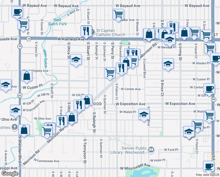 map of restaurants, bars, coffee shops, grocery stores, and more near 636 South Quitman Street in Denver