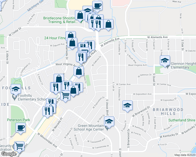 map of restaurants, bars, coffee shops, grocery stores, and more near 12099 West Center Avenue in Lakewood
