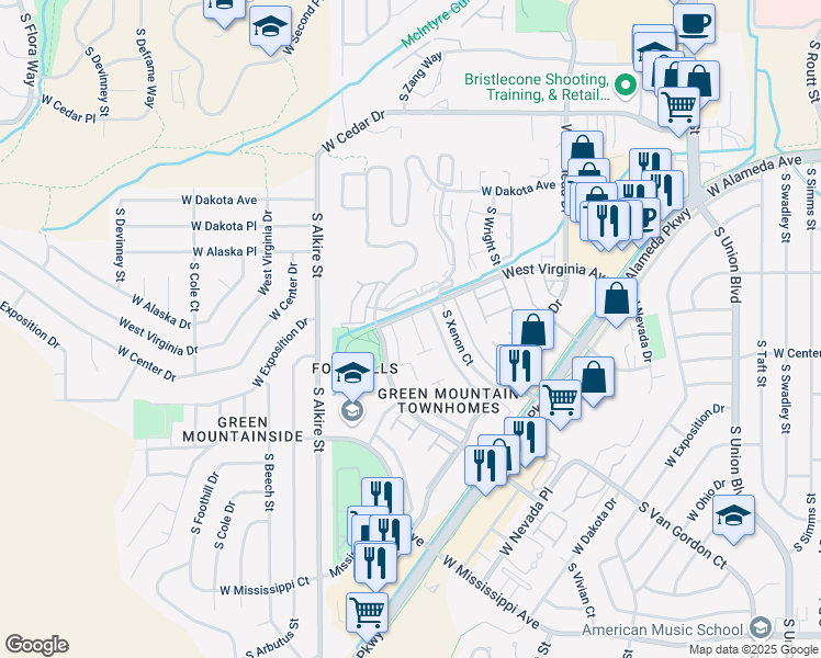 map of restaurants, bars, coffee shops, grocery stores, and more near 12928 West Virginia Avenue in Lakewood