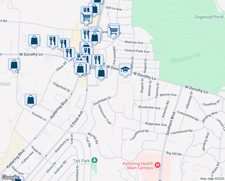 map of restaurants, bars, coffee shops, grocery stores, and more near 3175 Southdale Drive in Dayton