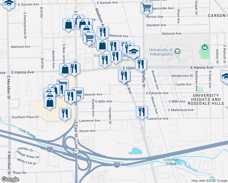 map of restaurants, bars, coffee shops, grocery stores, and more near 914 East Mills Avenue in Indianapolis