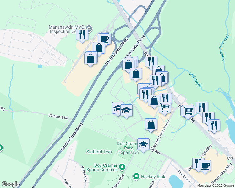 map of restaurants, bars, coffee shops, grocery stores, and more near 43 Farrah Drive in Stafford Township