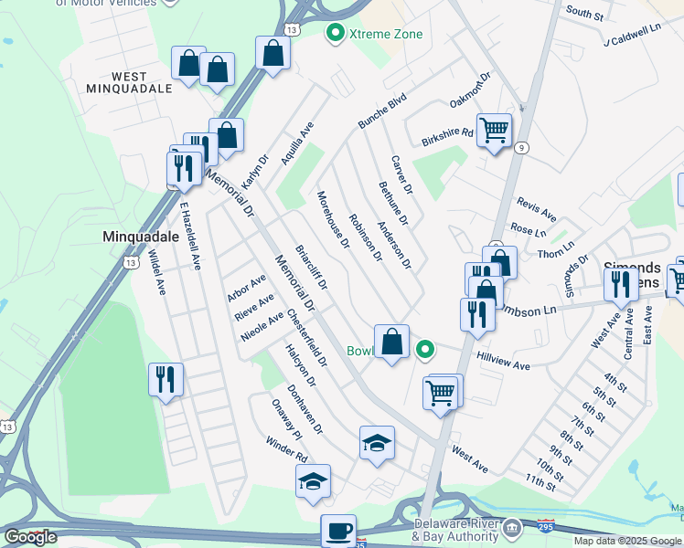 map of restaurants, bars, coffee shops, grocery stores, and more near 211 Parma Avenue in New Castle
