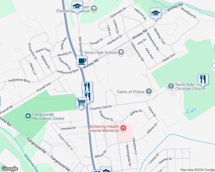 map of restaurants, bars, coffee shops, grocery stores, and more near 1522 Deanne Drive in Xenia