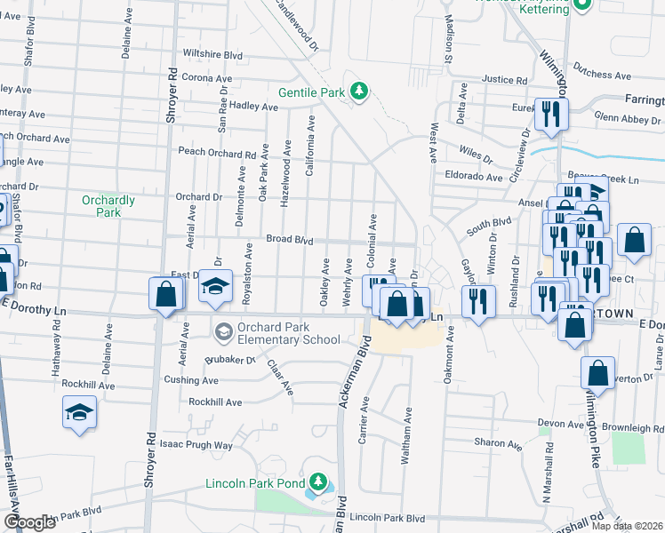 map of restaurants, bars, coffee shops, grocery stores, and more near 2909 Oakley Avenue in Dayton