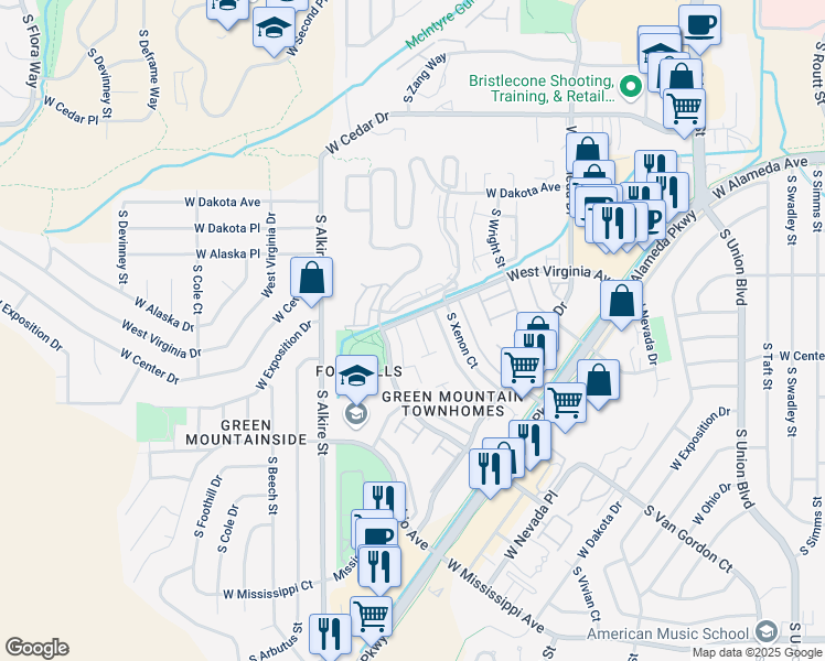 map of restaurants, bars, coffee shops, grocery stores, and more near 12928 West Virginia Avenue in Lakewood