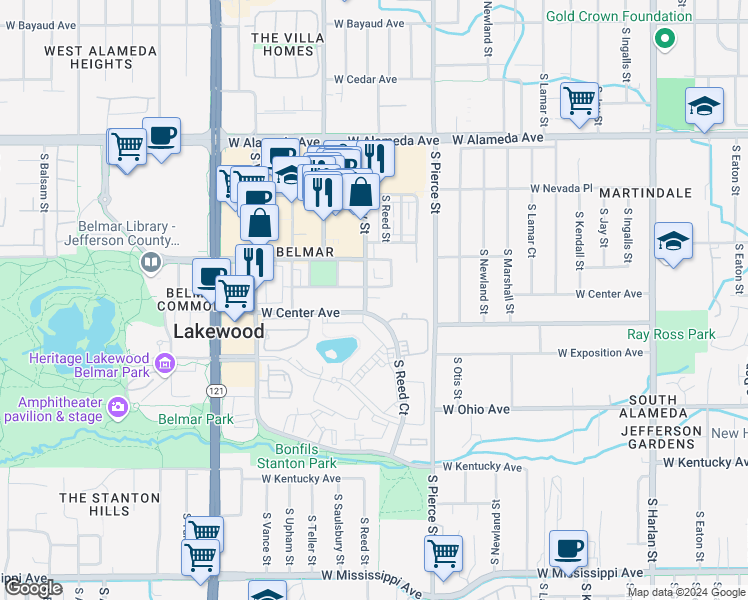 map of restaurants, bars, coffee shops, grocery stores, and more near 576 South Saulsbury Street in Lakewood