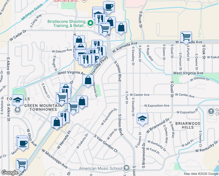 map of restaurants, bars, coffee shops, grocery stores, and more near 12099 West Center Avenue in Lakewood