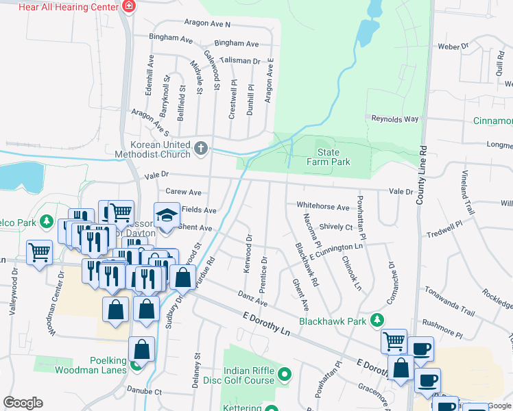 map of restaurants, bars, coffee shops, grocery stores, and more near 2993 Daisy Court in Kettering