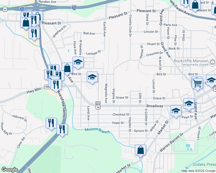 map of restaurants, bars, coffee shops, grocery stores, and more near 312 Magnolia Avenue in Hannibal
