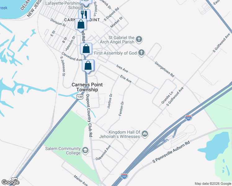 map of restaurants, bars, coffee shops, grocery stores, and more near 283 Justice Drive in Carneys Point Township