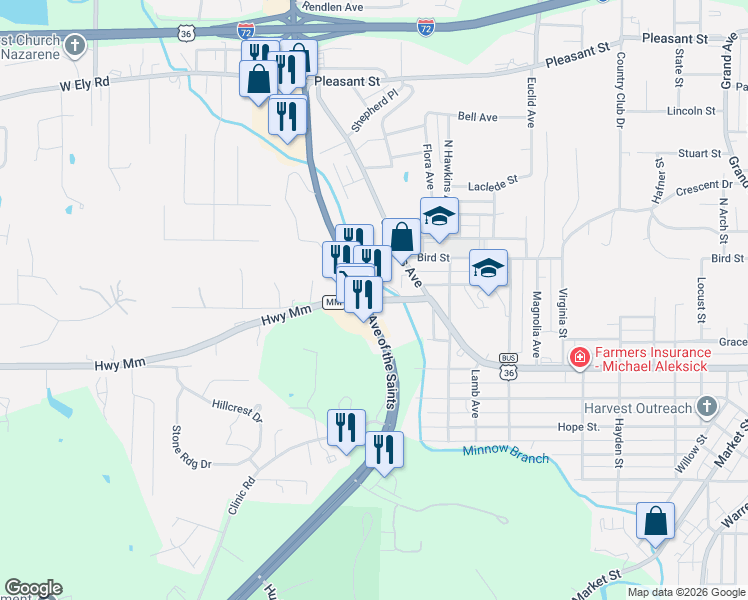 map of restaurants, bars, coffee shops, grocery stores, and more near 3001 James Road in Hannibal