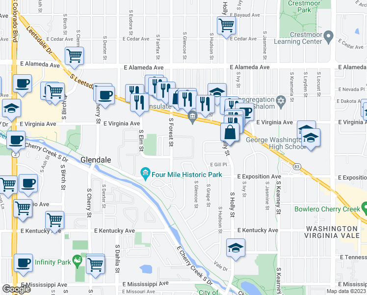 map of restaurants, bars, coffee shops, grocery stores, and more near 580 South Forest Street in Denver