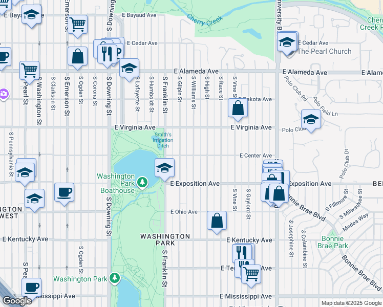 map of restaurants, bars, coffee shops, grocery stores, and more near 556 South Gilpin Street in Denver