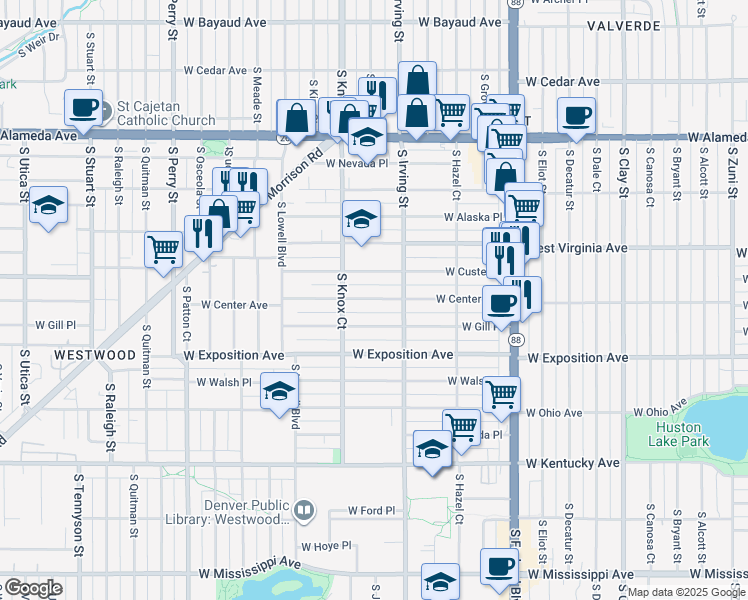 map of restaurants, bars, coffee shops, grocery stores, and more near 3412 West Custer Place in Denver