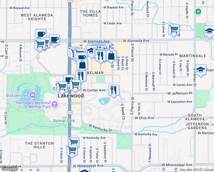 map of restaurants, bars, coffee shops, grocery stores, and more near 7241 West Custer Avenue in Lakewood