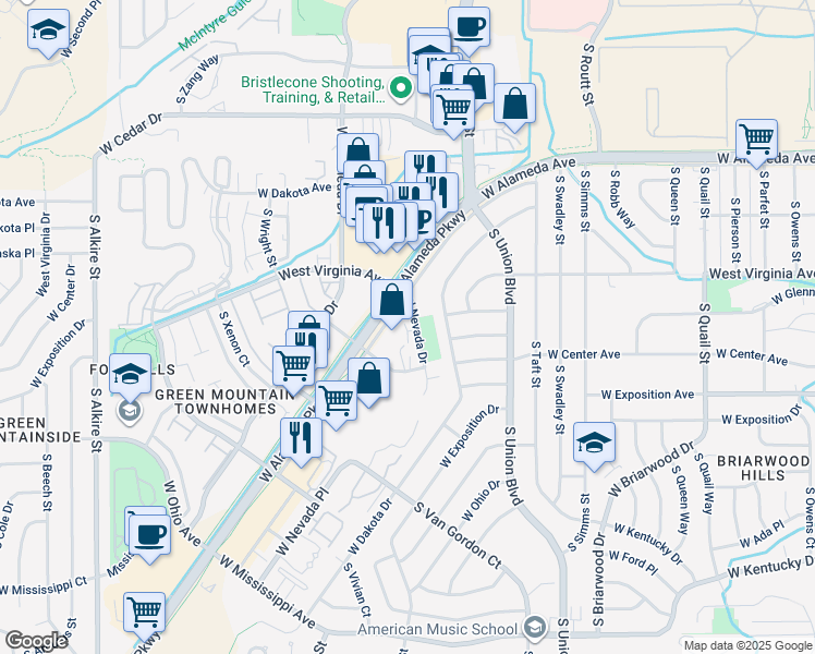 map of restaurants, bars, coffee shops, grocery stores, and more near 12100 West Alameda Parkway in Lakewood