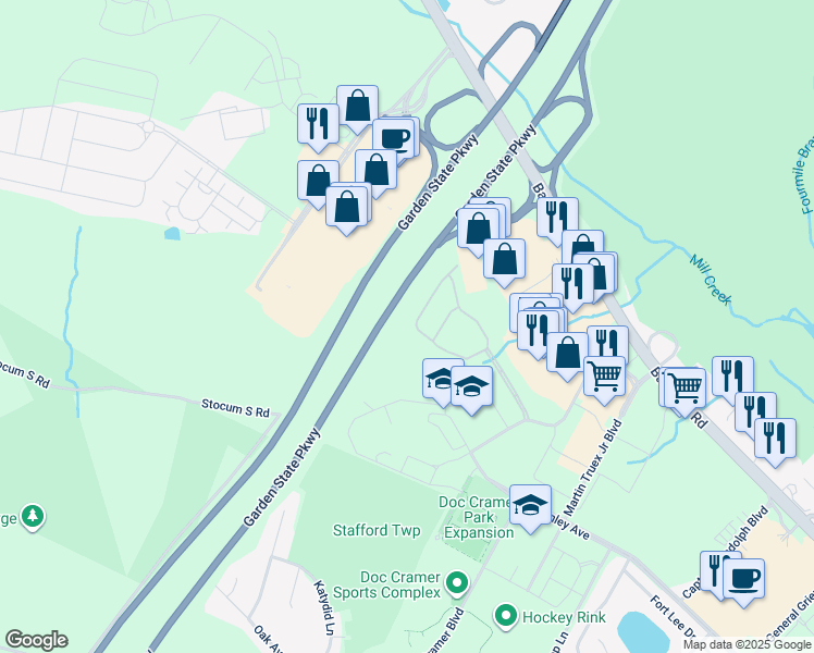 map of restaurants, bars, coffee shops, grocery stores, and more near 96 Melanie Way in Stafford Township