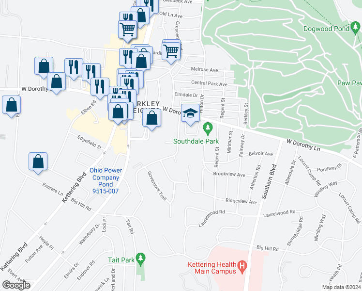 map of restaurants, bars, coffee shops, grocery stores, and more near 3070 Southdale Drive in Dayton