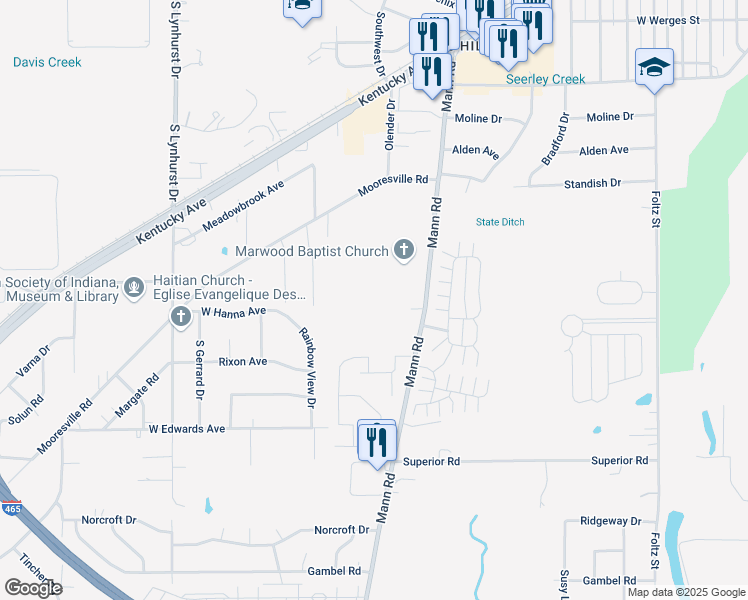 map of restaurants, bars, coffee shops, grocery stores, and more near 4012 Mann Road in Indianapolis