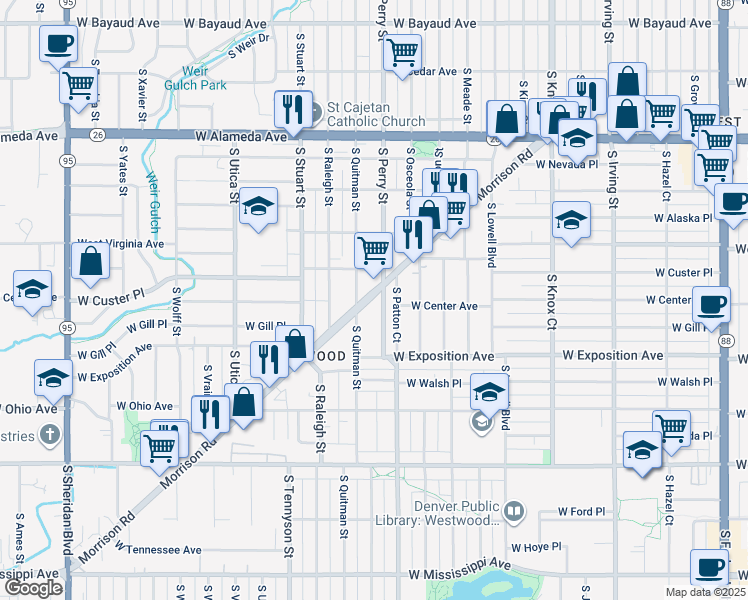 map of restaurants, bars, coffee shops, grocery stores, and more near 4008 Morrison Road in Denver