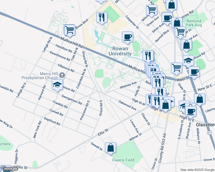 map of restaurants, bars, coffee shops, grocery stores, and more near Bunce Circle in Glassboro