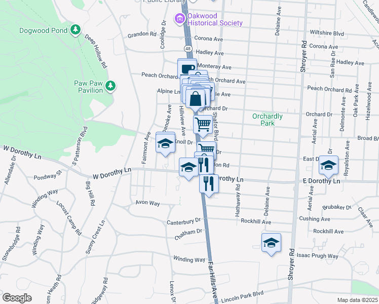 map of restaurants, bars, coffee shops, grocery stores, and more near 2619 Far Hills Avenue in Dayton
