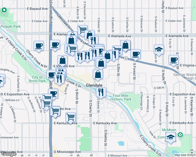 map of restaurants, bars, coffee shops, grocery stores, and more near 600 South Cherry Street in Denver