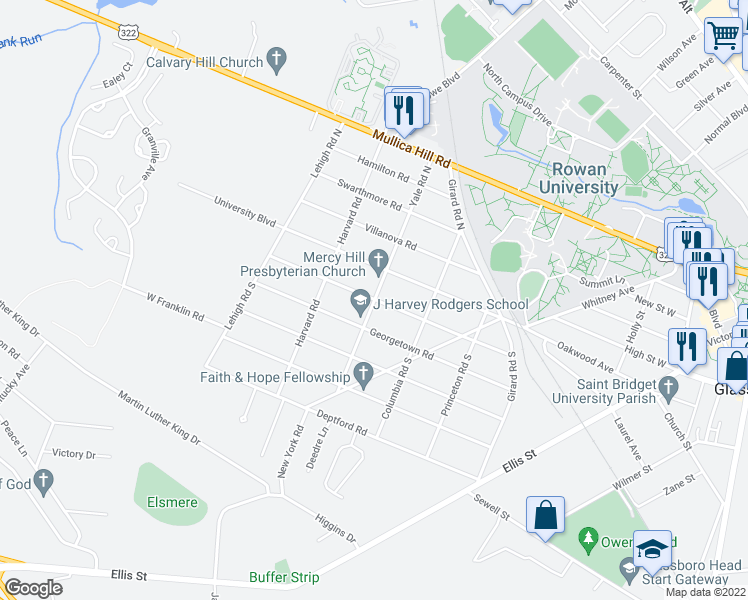 map of restaurants, bars, coffee shops, grocery stores, and more near 300 Dickinson Road in Glassboro